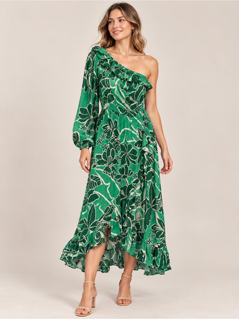 FARM Rio Green Floral One Shoulder Ruffle Dress Medium Petite